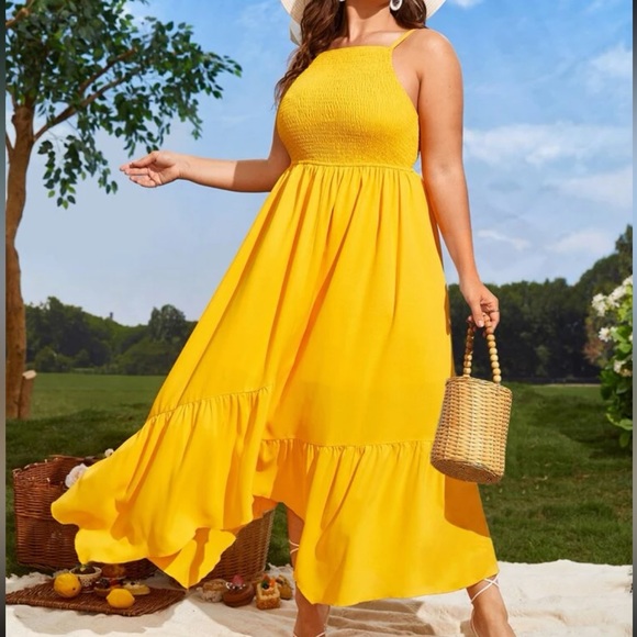 Plus Size Asymmetrical Smocked Cami Dress Yellow - Picture 1 of 6